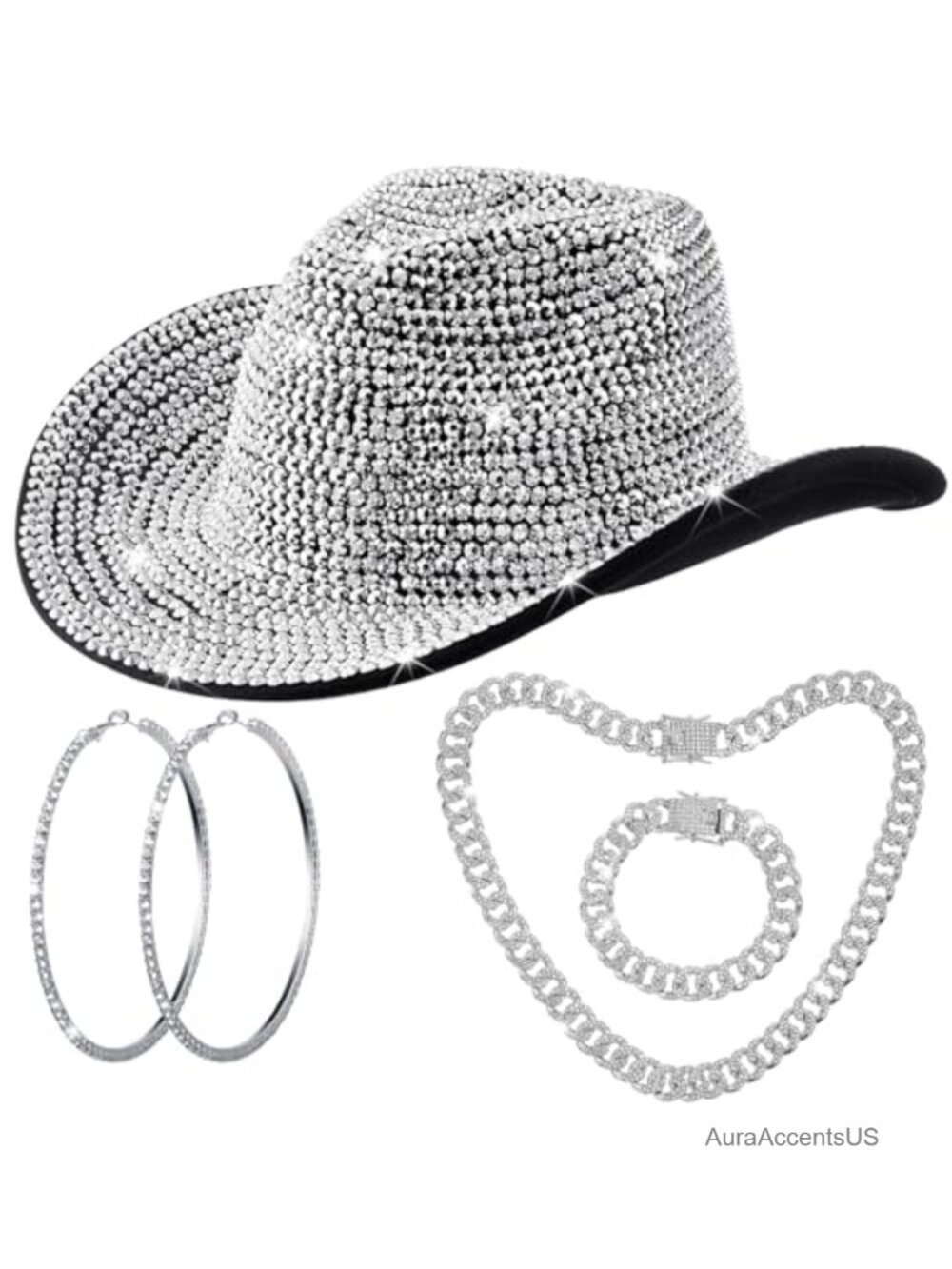 Rhinestone Cowboy Hat Jewelry Set Felt Western Party Accessory